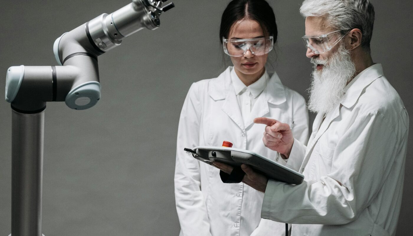 Illustration of a designer using AI tools on laptop for modern product design with UI/UX interface