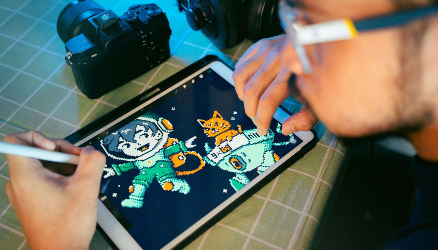 Designer working on AI animation software timeline and character rig.