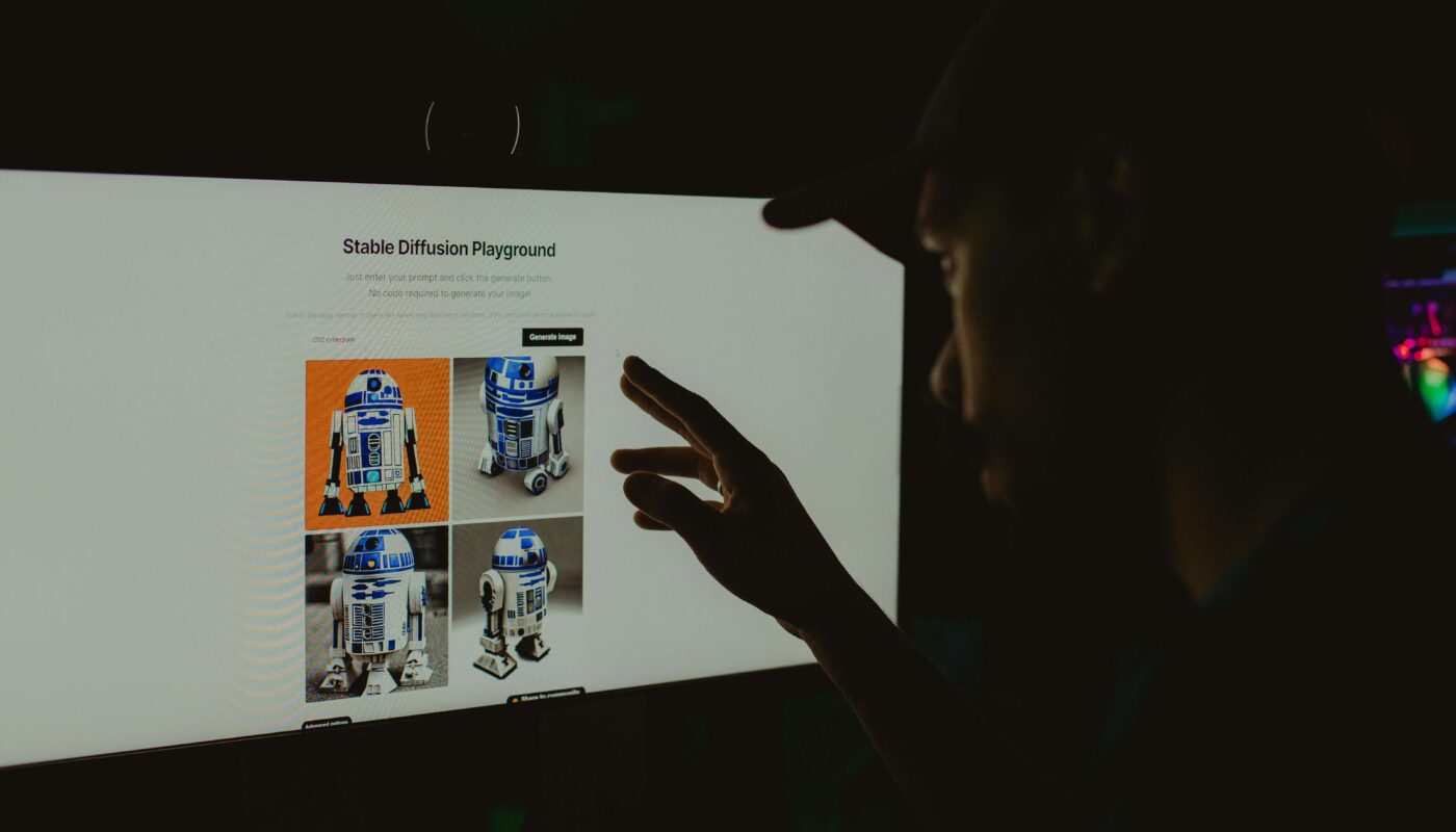 AI software creating a promotional poster on a laptop screen for marketing campaigns